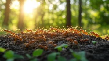 Ants working together on a log in a sunlit forest during the daytime photo