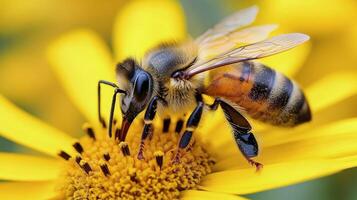 Close-up of a bee pollinating a vibrant yellow flower during a sunny day in a garden photo