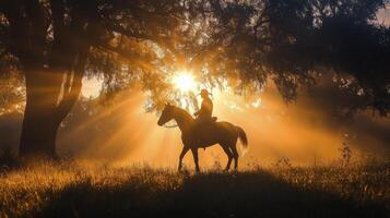 Horseback rider exploring a tranquil forest path in autumn at sunset photo
