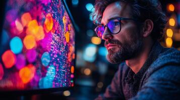 Man working on multiple computer monitors in a dimly lit workspace at night photo