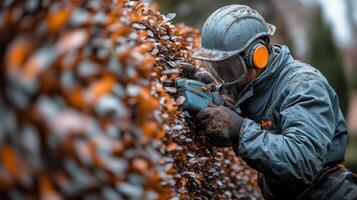 Skilled gardener trims hedge with electric trimmer during overcast day in suburban area photo