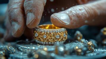 Expert artisan applies finishing touches to ornate jewelry piece in workshop setting photo