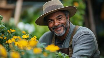 Smiling gardener tending to vibrant yellow flowers in a lush garden setting during daylight photo