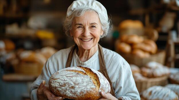 Woman proudly holds freshly baked bread in a busy bakery during morning hours photo