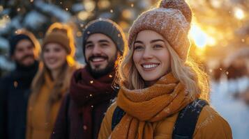 Smiling young woman with curly hair in orange hat and scarf walking among a crowd in a winter setting photo