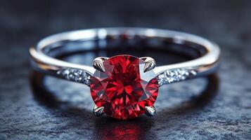 Stunning ruby ring with intricate details showcased on a dark surface photo