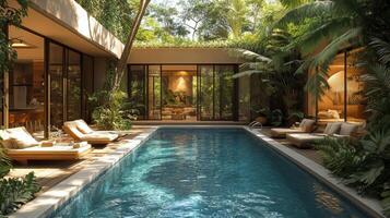 Luxury poolside relaxation in an urban oasis with modern architecture and palm trees photo