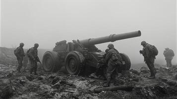 Soldiers operate a heavy artillery piece in a foggy battlefield during World War II photo