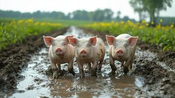 Three piglets playing in shallow water during sunny day at a rural farm photo