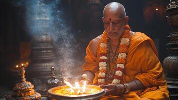 Ceremonial ritual performed by a priest in a temple setting during early evening hours photo