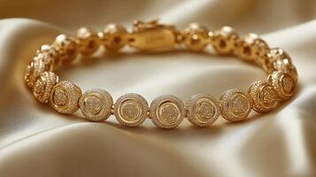 Elegant gold bracelet adorned with intricate designs displayed on soft fabric photo