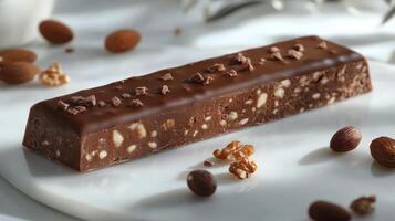 Delectable chocolate bars with fresh raspberries on a light table photo
