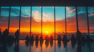 Travelers gathering by the window to witness a stunning sunset at the airport amid vibrant clouds photo