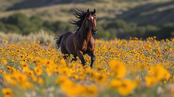 Majestic horse galloping through a vibrant field of yellow flowers in bright sunlight photo