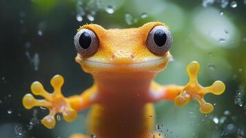 Colorful frog with prominent eyes sitting on a wet surface in a humid environment photo