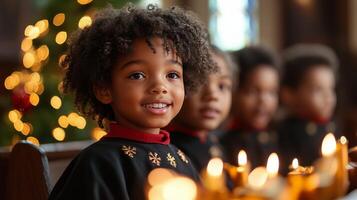 Happy children singing joyfully during a winter gathering in a cozy indoor setting photo