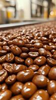 Coffee beans piled on wooden surface in a cozy kitchen setting during daylight hours photo