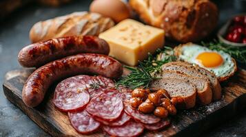 Delicious charcuterie board featuring assorted meats, cheeses, and fresh produce for a gathering photo