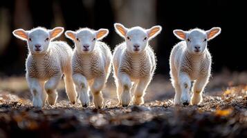 Young lambs frolic in a sunlit forest clearing during springtime in the countryside photo