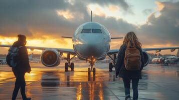 Travelers boarding a private jet during a vibrant sunset at an airport photo
