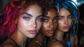 Diverse women with striking features posing closely together with natural lighting indoors photo