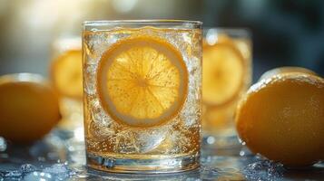 Refreshing iced tea with lemon slices served on a sunny day photo