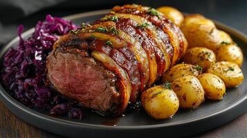 Deliciously prepared meat dish with roasted potatoes and purple cabbage served on a rustic plate photo