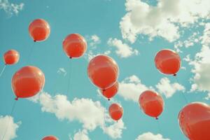 Colorful red balloons floating in a bright blue sky with fluffy white clouds photo