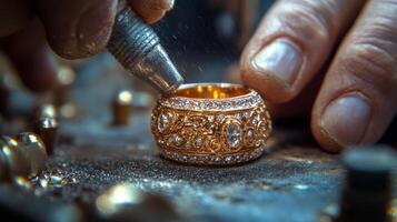 Expert artisan applies finishing touches to ornate jewelry piece in workshop setting photo