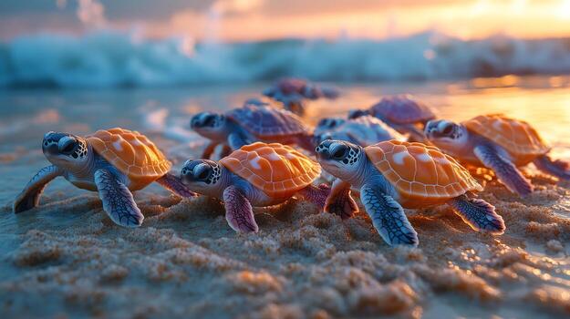 Sea turtles hatch and make their way to the ocean on a sunny beach in the Caribbean photo