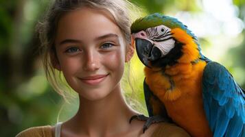 Girl smiles while holding a colorful parrot on her shoulder in a lush outdoor setting photo