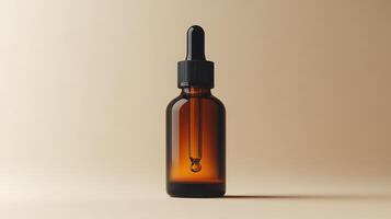 Dark amber dropper bottle with dropper on beige background showcasing minimalistic design photo