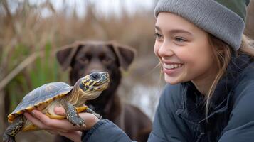 Girl smiles while holding a turtle next to a dog in a natural outdoor setting photo