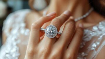 Sparkling diamond ring displayed on a delicate hand with soft lighting and a serene background photo