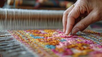 Elderly person weaving a colorful textile with skill and care in a cozy setting photo