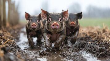 Three piglets playing in shallow water during sunny day at a rural farm photo