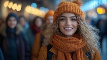 Smiling young woman with curly hair in orange hat and scarf walking among a crowd in a winter setting photo