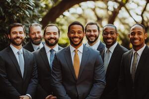 Group of professional men posing confidently in a modern office setting during daytime photo