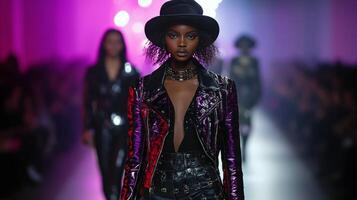 Elegant model showcasing vibrant African fashion in a lively event setting photo