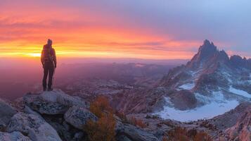 Stunning sunset view from mountain peak with silhouette of a person standing photo