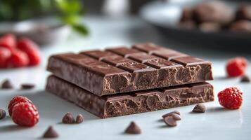 Delectable chocolate bars with fresh raspberries on a light table photo