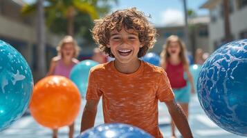 Young girl smiles joyfully at a summer pool party surrounded by friends and colorful beach balls photo