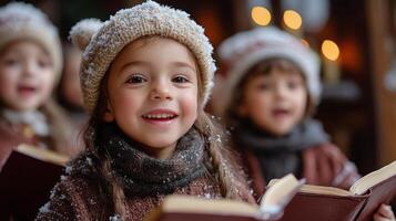 Happy children singing joyfully during a winter gathering in a cozy indoor setting photo