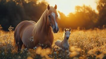 Majestic horse and foal in a sunlit meadow filled with colorful wildflowers during golden hour photo