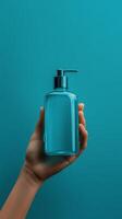 Hand holding a white pump bottle against a teal background photo