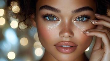 Elegant woman holding skincare product in a softly lit environment with decorative lights photo