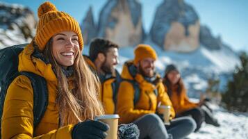 Friends enjoying hot drinks in snowy mountainous landscape during winter adventure photo
