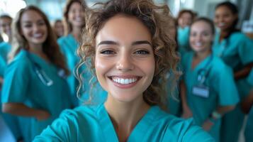 Group of smiling healthcare professionals in scrubs enjoying a moment together indoors photo