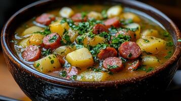 Hearty sausage and potato stew served in a bowl with herbs and bread on a rustic wooden table photo