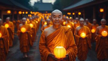Monks in orange robes walk with lanterns during evening ceremony in a tranquil temple garden photo